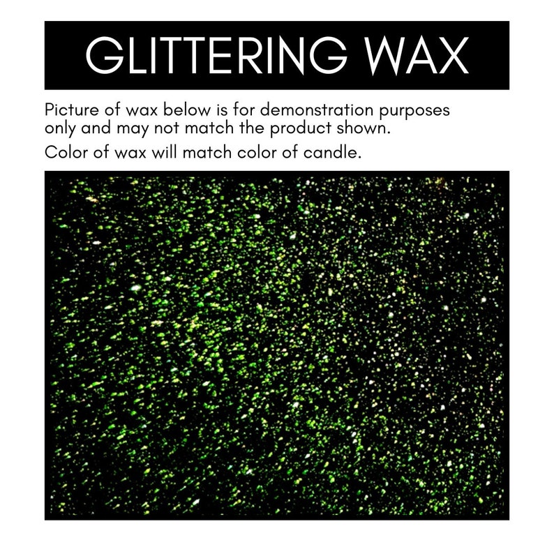 May include: Close-up of green glitter wax. The wax is dark green with a fine, sparkly texture.