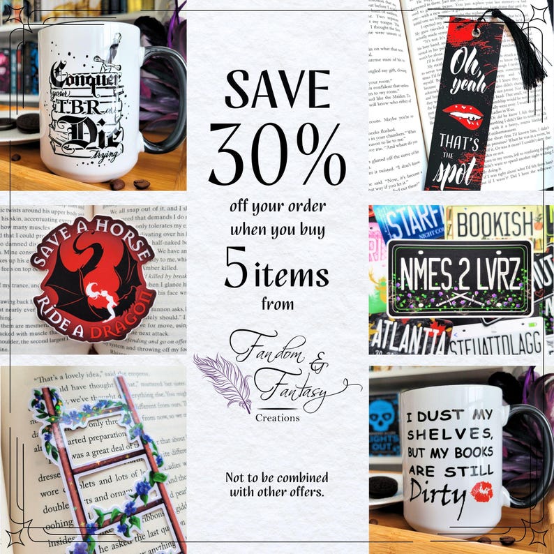 May include: A collection of book-related items, such as mugs, bookmarks, and stickers. One mug features the text "Conquer your TBR or Die Trying." Another mug says "I dust my shelves, but my books are still dirty." A bookmark says "Oh yeah, that's the spot."