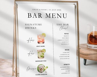 Minimalist Wedding Bar Menu Sign, Canva Signature Drinks Sign Template, Signature Cocktail Sign, His Hers Drinks, Instant Download