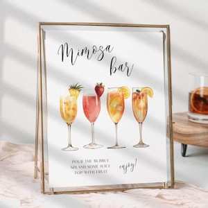Letrero moderno para bar de mimosas, plantilla para menú de boda, menú de bebidas para despedida de soltera, letreros de cócteles para baby shower en Canva, descarga instantánea