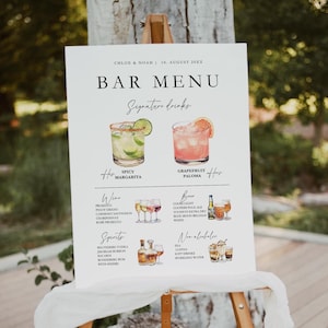 Modello di cartello per menù da bar per matrimoni, cartello per menù di bevande esclusive su Canva, bevande per lui e per lei, download immediato