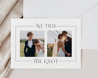 Minimale foto-elopement aankondiging sjabloon, we hebben de knoop doorgehakt, foto huwelijksreceptie, direct downloaden