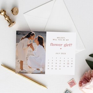 Carte de proposition de fille de fleur rose, serez-vous ma fille de fleur, modèle de calendrier, imprimable, téléchargement immédiat