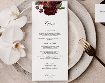 Modello di menu per matrimonio floreale bordeaux, stampabile (download immediato)