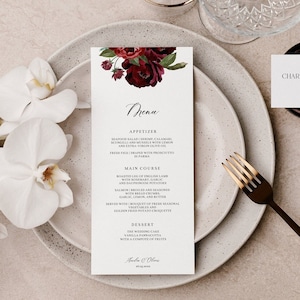 Modello di menu di nozze, carta menu di nozze floreale bordeaux, menu lungo stampabile, 3 dimensioni incluse, download immediato