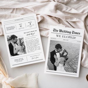 We Eloped Newspaper Photo Elopement Card, Reception Party Invitation Canva Template, Instant Download
