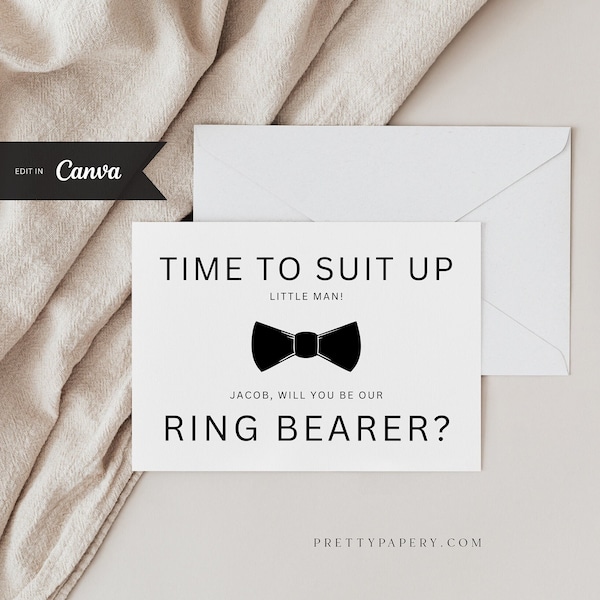 Suit Up Ring Bearer Proposal Card Template, CANVA Template, Time To Suit Up Little Man, INSTANT DOWNLOAD