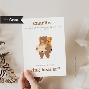 Bär Ringträger Vorschlag Kartenvorlage, anpassbare Canva-Vorlage, Bär auf einer Mission, werden Sie mein Ringträger Karte, sofortiger DOWNLOAD sein