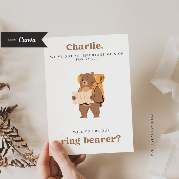 Bear Ring Bearer Proposal Card Template, Customizable Canva Template, Bear On A Mission, Will You Be My Ring Bearer Card, INSTANT DOWNLOAD