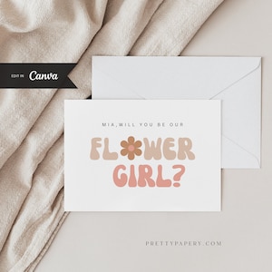 Canva groovy bloemenmeisje voorstel kaartsjabloon, kaart Will You Be My bloemenmeisje, INSTANT DOWNLOAD