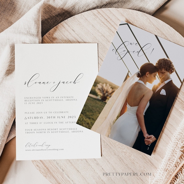 Minimal Photo Elopement Announcement Template, We Tied the Knot, Photo Wedding Reception, Instant Download