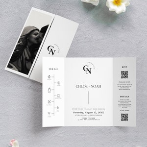 Gatefold moderne initialen huwelijksuitnodiging sjabloon met QR-code, canvas minimalistische gevouwen uitnodiging, INSTANT DOWNLOAD