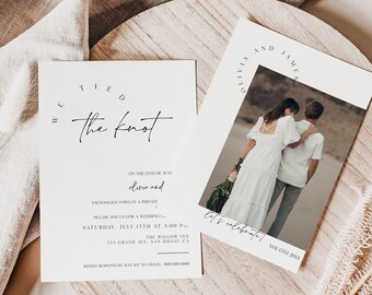 May include: Wedding invitation with a minimalist design. The invitation features a black and white photo of a couple in a white dress and a white shirt. The text on the invitation reads "We Tied the Knot" and "Olivia and James". The invitation also includes the date of the wedding, "May 15th 20XX", and the location, "The Willow Inn, 555 Grand Ave, San Diego, CA".
