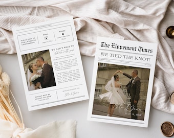 Newspaper Photo Elopement Card, Reception Party Invitation Canva Template, Instant Download