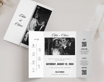 Plantilla de invitación de boda tríptica con fotos, diseño minimalista plegable (DESCARGA INMEDIATA)
