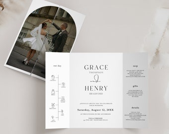 Plantilla minimalista de invitación de boda plegable con fotos, Canva (Descarga instantánea)