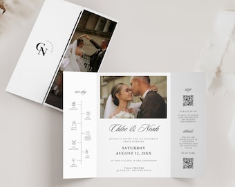 Foto-Gatefold-Hochzeitseinladungsvorlage, Canva-gefaltete dreifach gefaltete Hochzeitseinladung mit QR-Code, SOFORTIGER DOWNLOAD