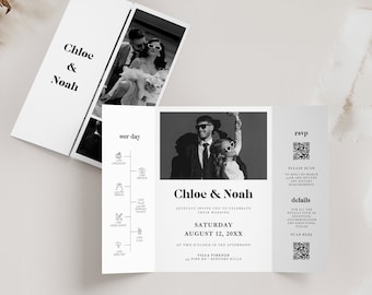Plantilla de invitación de boda tríptica con fotos, invitación minimalista plegable (DESCARGA INMEDIATA)
