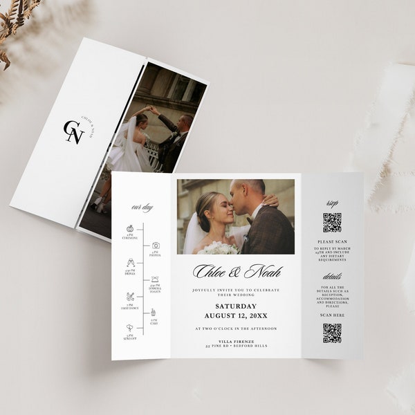 Foto-Gatefold-Hochzeitseinladungsvorlage, Canva-gefaltete dreifach gefaltete Hochzeitseinladung mit QR-Code, SOFORTIGER DOWNLOAD