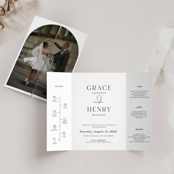 Minimalist Gatefold Wedding Invitation Template, Photo Wedding Invitation, Canva Template, INSTANT DOWNLOAD