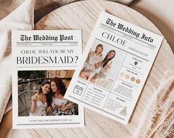 Photo Bridesmaid Proposal And Info Card Template, Newspaper Style, Canva Bridesmaid Card Set, Printable, INSTANT DOWNLOAD