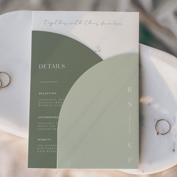 Sage Green Half Arch Wedding Invitation Set Template, Details Card, Rsvp Card, Instant Download