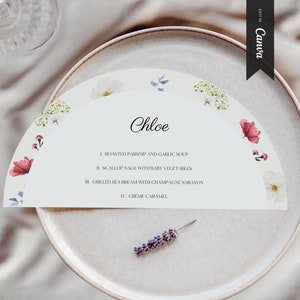 Modèle de menu demi-cercle de fleurs sauvages, imprimable Canva, menu demi-lune, TÉLÉCHARGEMENT INSTANTANÉ