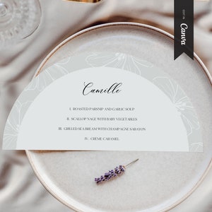Elegancki szablon menu w kształcie półkola, Canva do druku, kwiatowe menu w kształcie półksiężyca, NATYCHMIASTOWE POBIERANIE