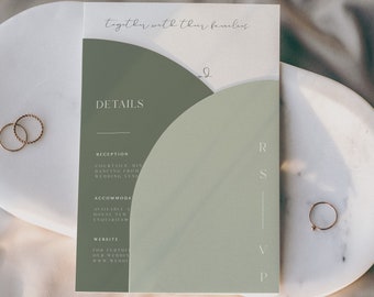 Sage Green Half Arch Wedding Invitation Set Template, Details Card, Rsvp Card, Instant Download