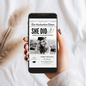 Editable Graduation Newspaper Evite Template, Digital Grad Invitation, She Did It, Canva Grad Newspaper Announcement, INSTANT DOWNLOAD