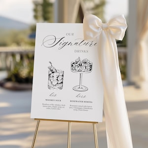 Personnalisé notre enseigne de boissons, modèle de signe de menu de bar de mariage dessiné à la main, imprimable boissons signature pour elle et lui, téléchargement immédiat