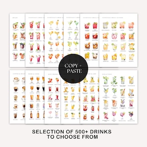 May include: A collection of watercolor drink illustrations, including cocktails, coffee, beer, and soft drinks. The image features multiple panels with various drink recipes and the text "COPY + PASTE" and "SELECTION OF 500+ DRINKS TO CHOOSE FROM".