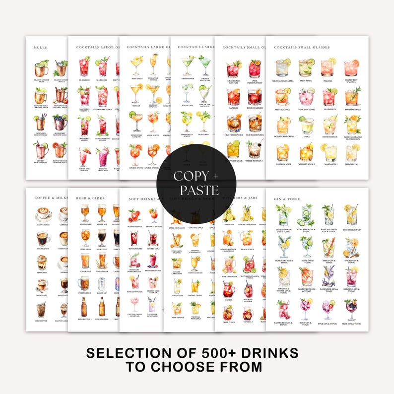 May include: A collection of watercolor drink illustrations, including cocktails, coffee, beer, and soft drinks. The image features multiple panels with various drink recipes and the text "COPY + PASTE" and "SELECTION OF 500+ DRINKS TO CHOOSE FROM".