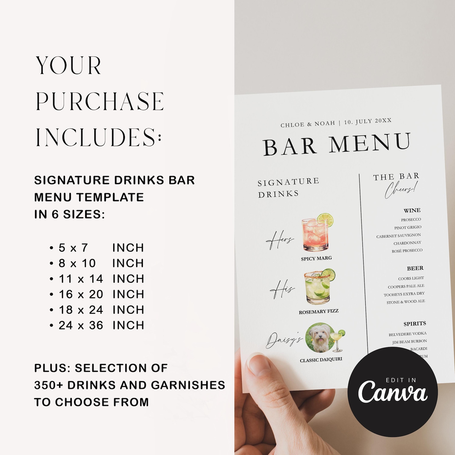 Minimalist Wedding Bar Menu Sign: Signature Drinks Template (canva) - Etsy