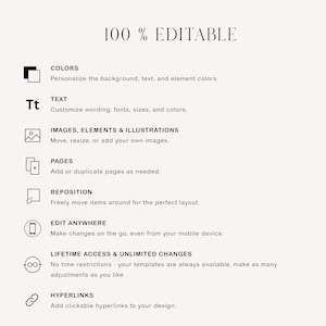 May include: A graphic illustration of a checklist with 100% editable text, colors, images, pages, and more. The checklist includes features like: colors, text, images, elements, illustrations, pages, reposition, edit anywhere, lifetime access, and unlimited changes, and hyperlinks.