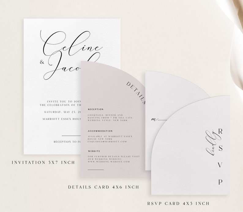 May include: Wedding invitation suite with a light pink and white color scheme. The invitation card features the names "Celine & Jacob" in elegant calligraphy. The details card includes information about the reception, accommodation, and website. The RSVP card has a simple design with the initials "RSV" and the date.