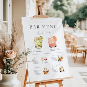Modèle modifiable de signe de menu de boisson de mariage, signe de menu de barre de canevas de boissons pour elle et lui, téléchargement immédiat