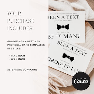 May include: Two printable cards with black bow tie icons and text that reads 'James, this obviously could have been a text (she made me do this). Will you be my Best Man?' and 'James, this obviously could have been a text (she made me do this). Will you be my groomsman? March 21, 20XX'.
