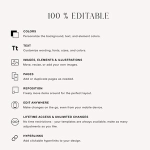 May include: A graphic illustration of a checklist with 100% editable text, colors, images, pages, and more. The checklist includes features like: colors, text, images, elements, illustrations, pages, reposition, edit anywhere, lifetime access, and unlimited changes, and hyperlinks.