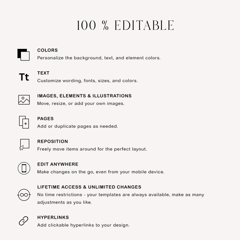 May include: A graphic illustration of a checklist with 100% editable text, colors, images, pages, and more. The checklist includes features like: colors, text, images, elements, illustrations, pages, reposition, edit anywhere, lifetime access, and unlimited changes, and hyperlinks.