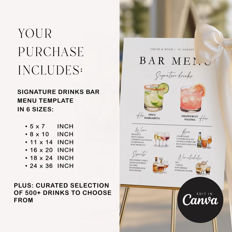 Wedding Bar Menu Sign Template, Signature Drinks (Canva Template, Instant Download) image 2