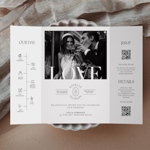 Printable Gatefold Wedding Invitation Template, 'Cheers To Love', Photo Wedding Invitation, Canva Template, INSTANT DOWNLOAD