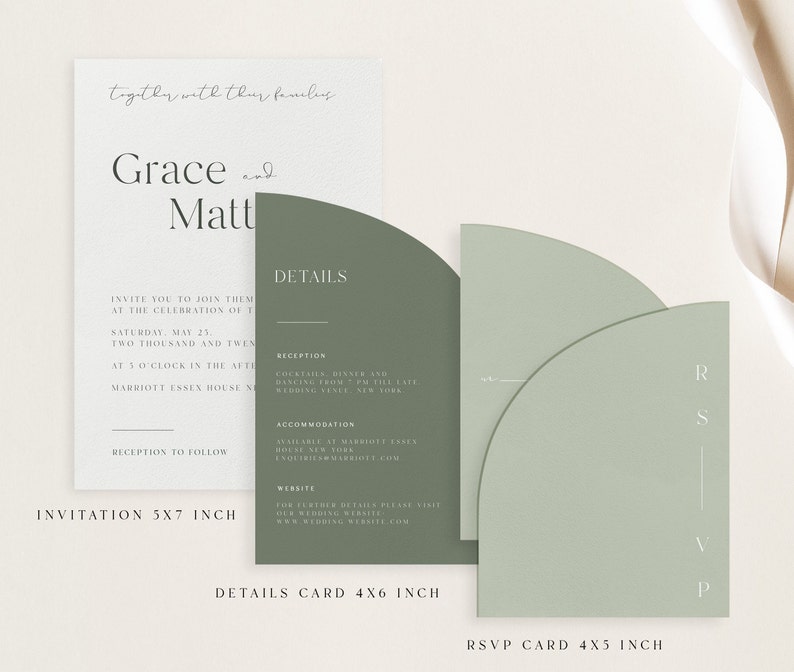 Sage Green Half Arch Wedding Invitation Set Template, Details Card, Rsvp Card, Instant Download image 3