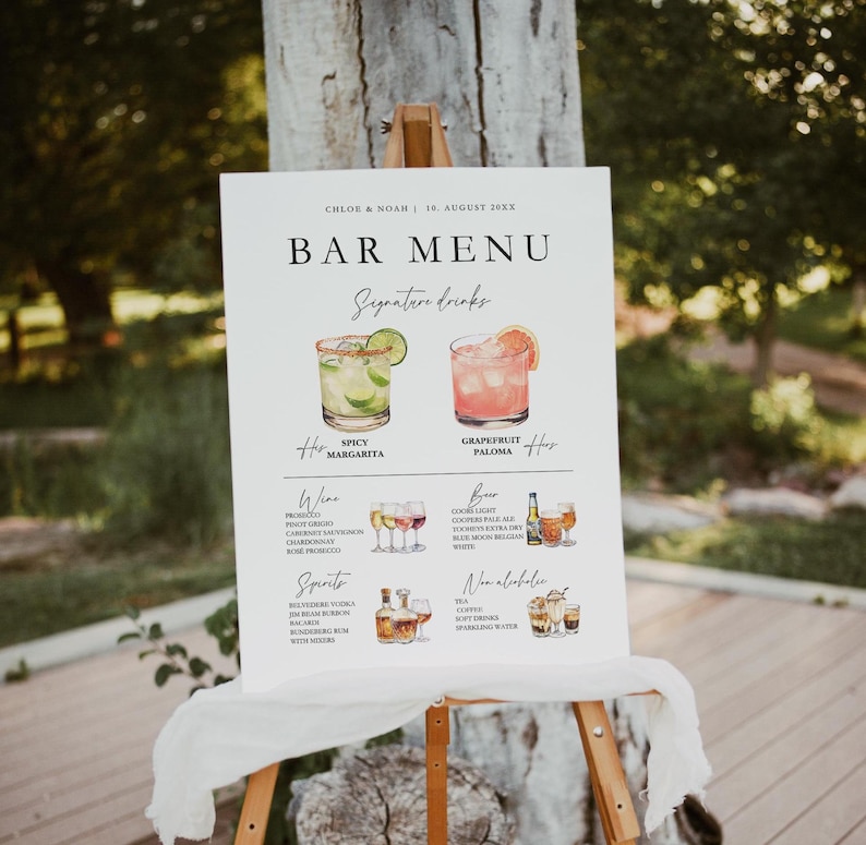 May include: A white sign with black text that reads "Bar Menu" and lists a variety of drinks, including signature cocktails, wine, beer, spirits, and non-alcoholic options. The sign is illustrated with watercolor images of cocktails.