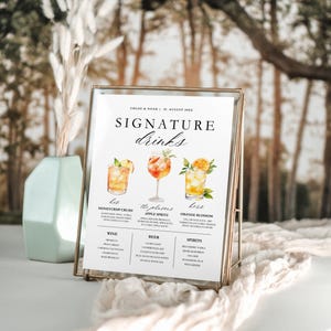 May include: A gold framed sign with the text "SIGNATURE drinks" and the names "Chloe & Noah" and "16 August 20XX". The sign features watercolor illustrations of three cocktails and lists wine, beer, and spirits.