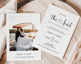 May include: Wedding invitation with a photo of a couple on a boat. The invitation is for Chloe and Jacob's wedding reception on June 17, 2023, at 6 PM at Villa Firenze in Bedford Hills, New York.