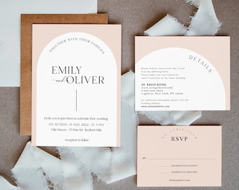 Plantilla de suite de invitación de boda Arch, boda boho, confirmación de asistencia, detalles, descarga instantánea, #EMILY