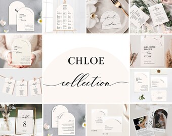 May include: A collection of wedding stationery featuring a modern minimalist design with a neutral color palette. The stationery includes invitations, save the dates, table numbers, menus, and thank you cards. The text "CHLOE collection" is featured in a handwritten font.