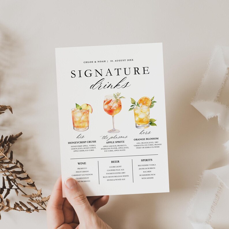 May include: A white paper drink menu with the text "SIGNATURE drinks". The menu features watercolor illustrations of three cocktails: Honeycrisp Crush, Apple Spritz, and Orange Blossom. Below are lists of wine, beer, and spirits.