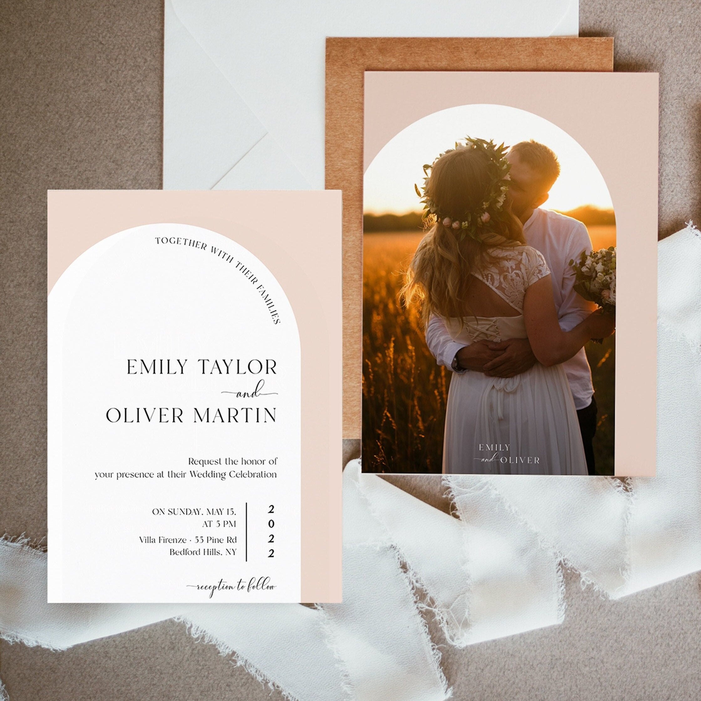 Wedding Save the Date Archer Collection, Save the Dates for Weddings,  Arched Photo Save the Dates With Vellum Overlay, Modern Wedding 